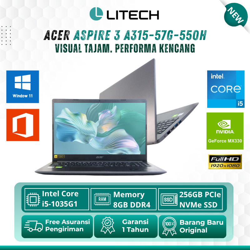 LAPTOP GAMING Acer Aspire 3 A315-57G-550H i5-1035G1 Ram 8GB 256GB SSD + 1TB HDD NVIDIA GeForce MX330