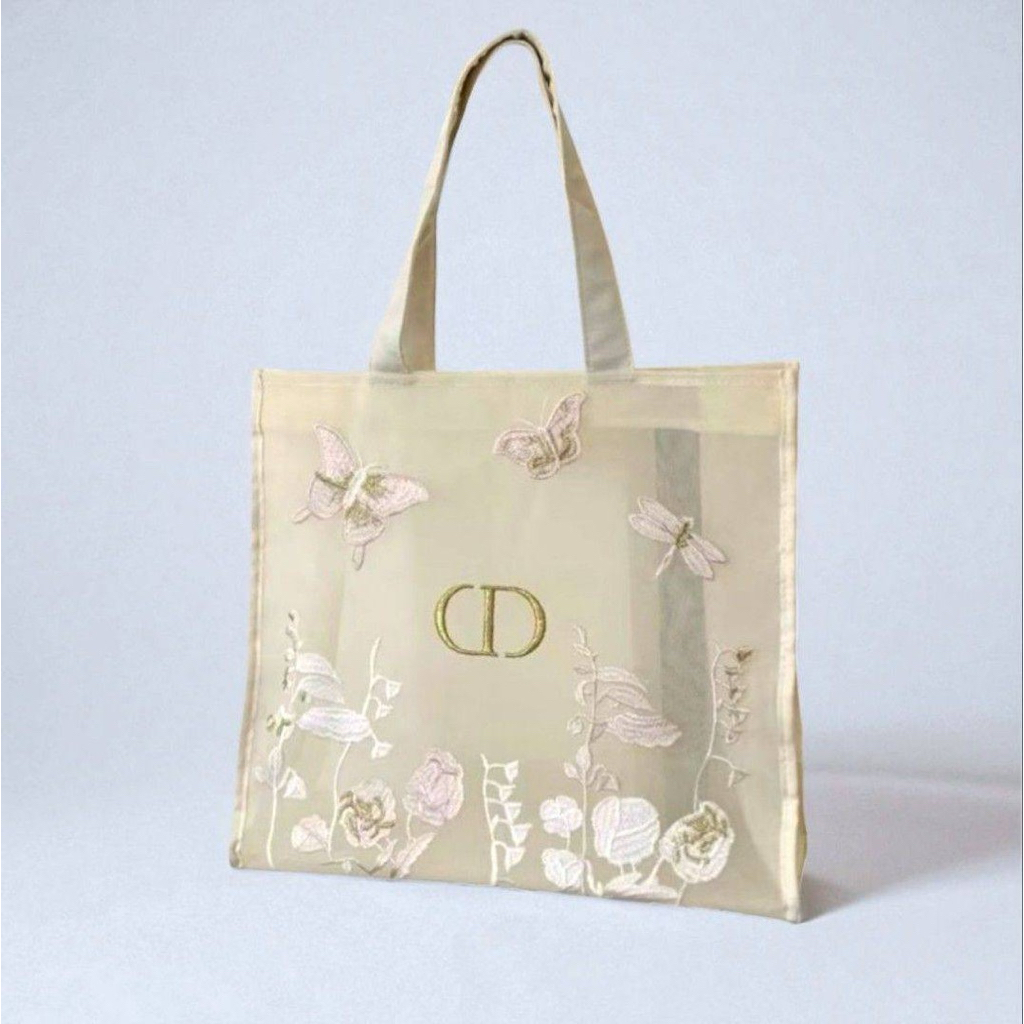 CHRISTIAN DIOR CD Complimentary VIP Exclusive Beauty Parfums Gift Embroidered Floral Mesh Large Tote