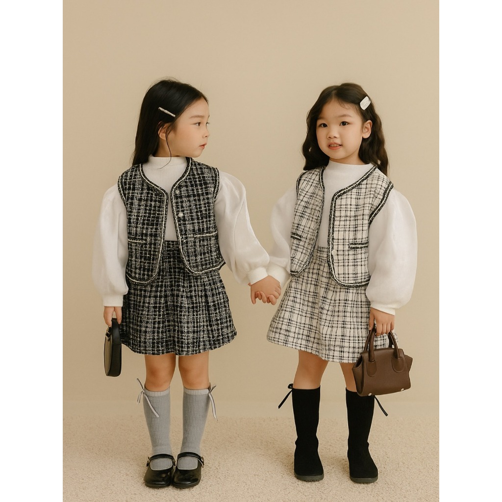 Setelan Tweed Anak Perempuan Usia 1-4 Tahun | Baju Katun Lengan Panjang Balon Tile Satin Kombinasi O