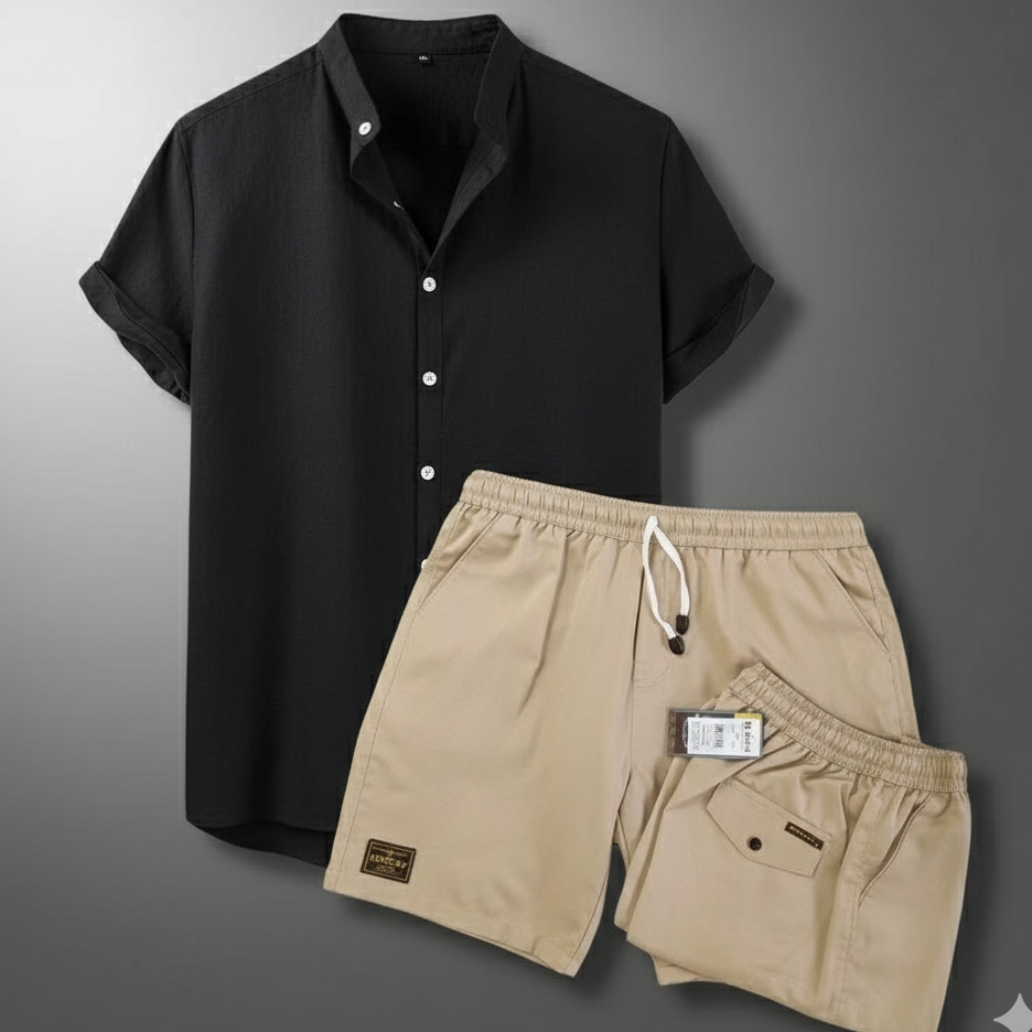 ONE SET KEMEJA PRIA LENGAN PENDEK CELANA PENDEK SATU SET KOREAN STYLE COWOK PREMIUM TERKINI