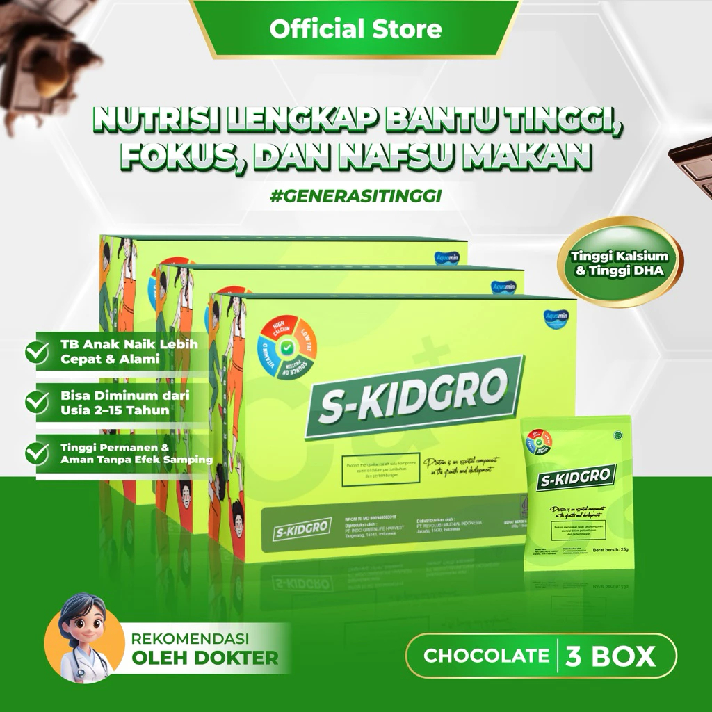 S-KIDGRO 3 BOX – Suplemen Peninggi Badan Anak Usia 2–15 Tahun Tinggi Kalsium