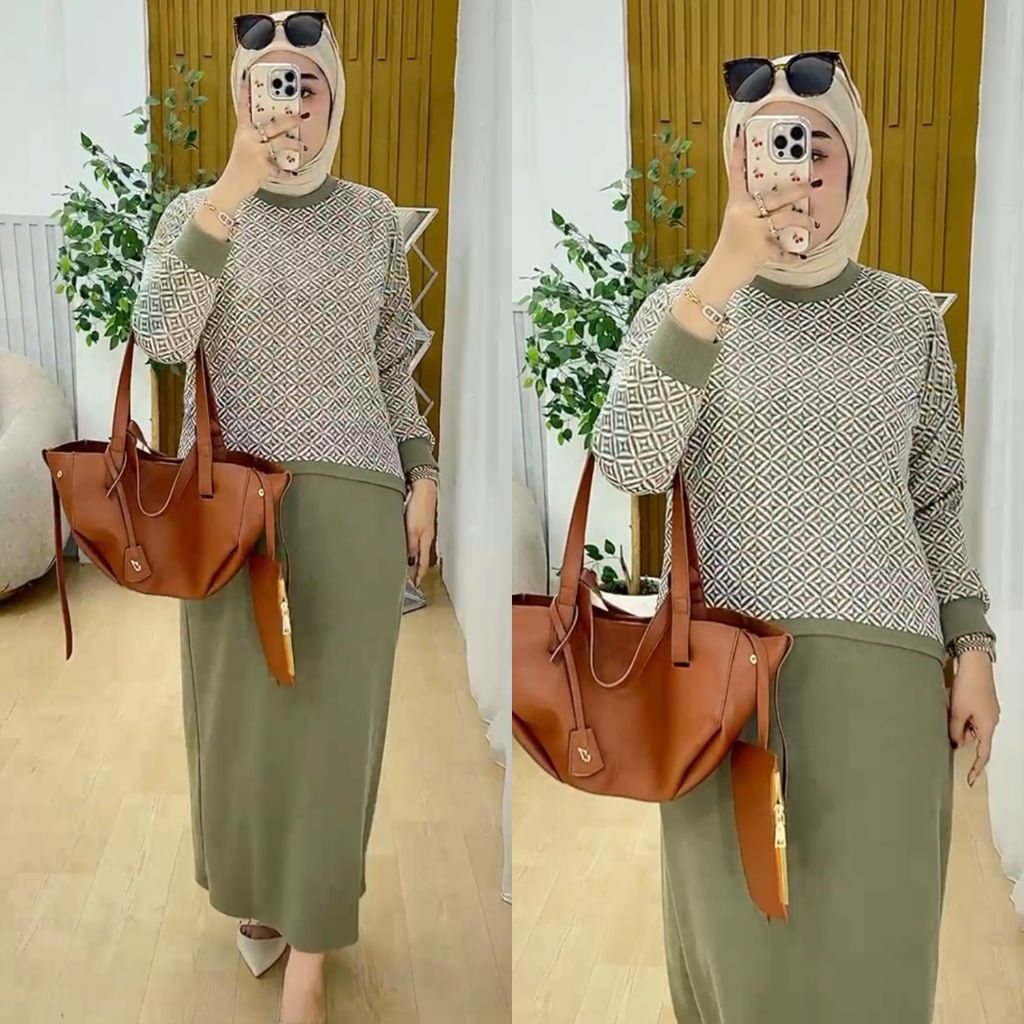set dress in outer muslim wanita kaos knit rajut import motif terbaru