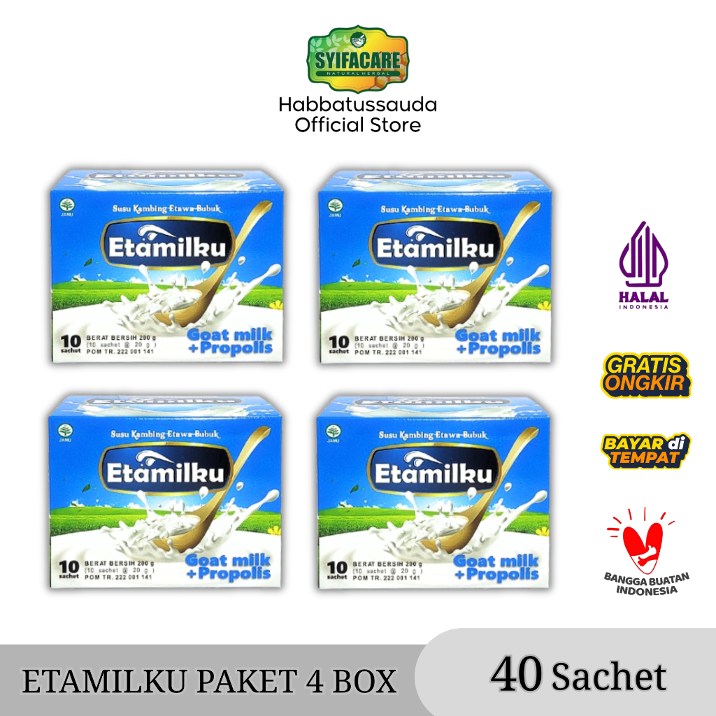 ( Paket 4 box ) Etamilku Susu Kambing Propolis madu Bee Polen I Nyeri Sendi, Asam Urat, Sesak Nafas