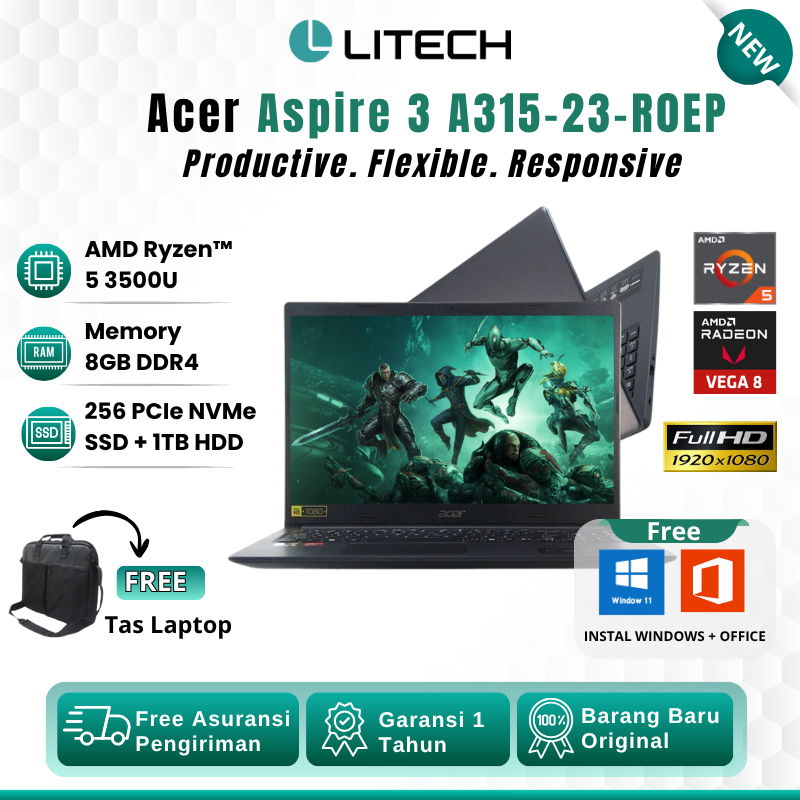 Laptop Acer Aspire 3 Ryzen 5 3500U Vega 8 8GB SSD 256GB + HDD 1TB Layar 15.6" FHD - Laptop Desain