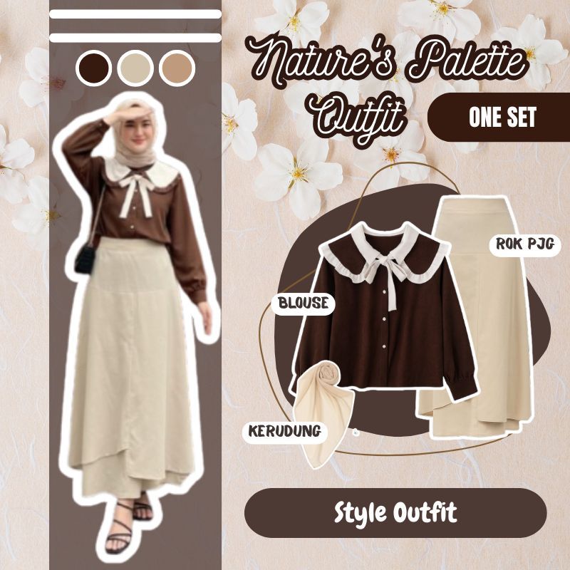 Baju One Set Korean Style ( Top Blouse Katun + Rok Susun + Hijab ) Outfit Main Wanita - 006