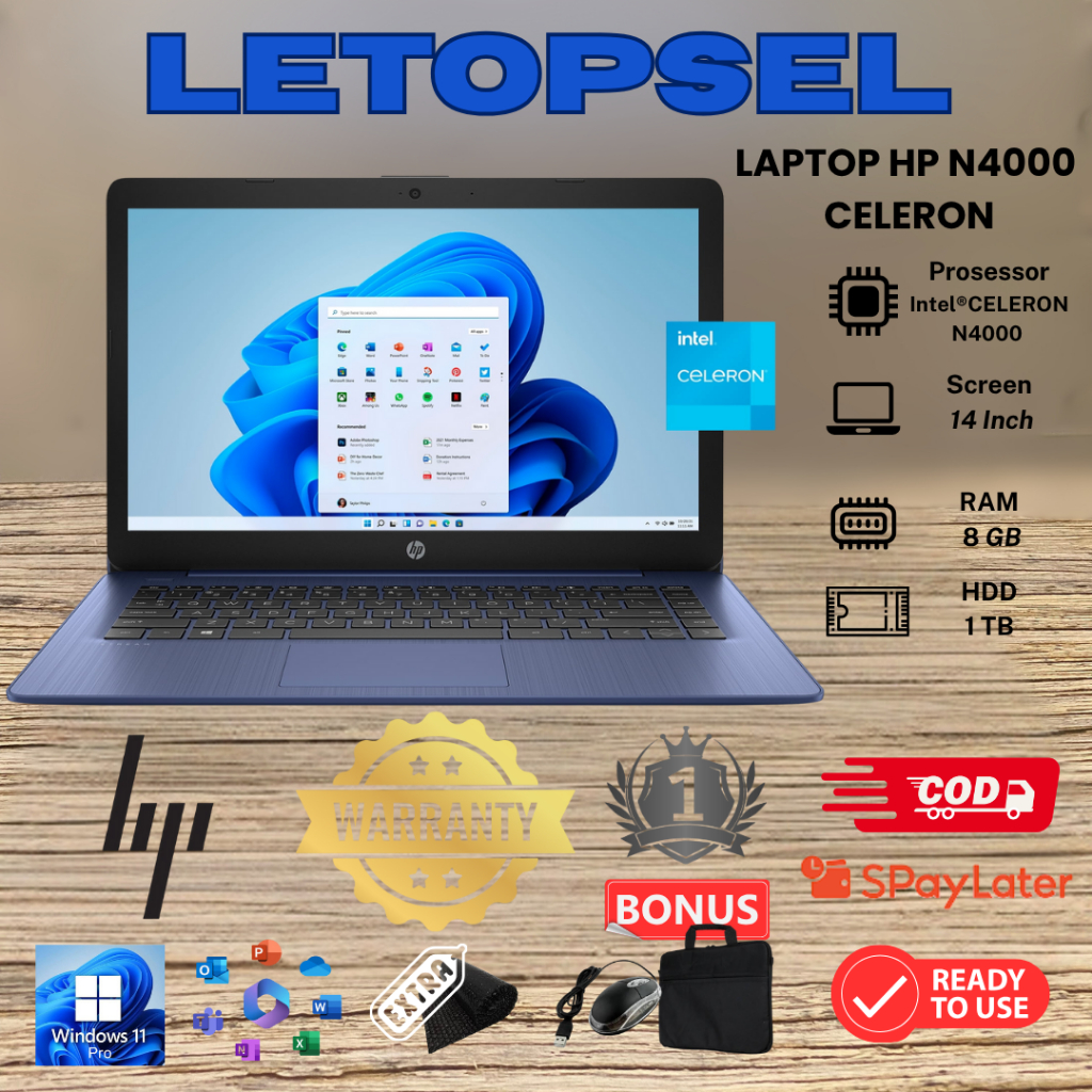 LAPTOP HP N4000 CELERON RAM 8GB - 512 SSD/BONUS TAS LAPTOP & MOUSE