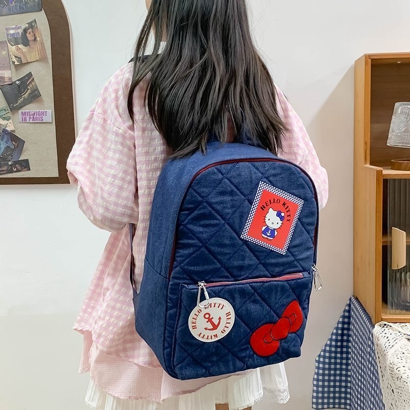 Tas Ransel Hello Kitty Denim Korean Style Navy Blue/Tas Sekolah Backpack Retro/Tas Y2K Wanita Lucu J