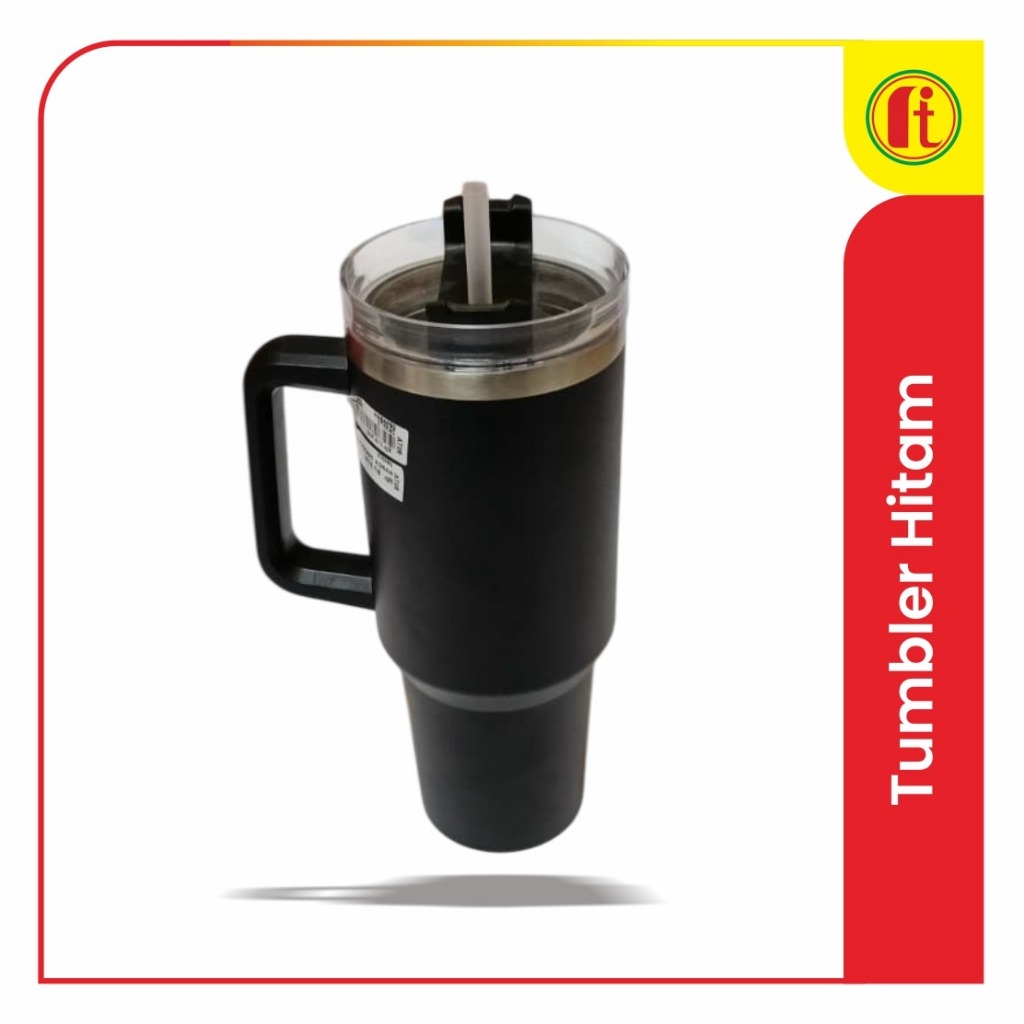 Thumbler Minum Warna Hitam dengan Handle + Sedotan