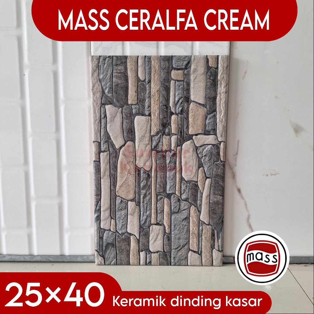 Keramik 25×40 MASS Ceralfa cream keramik dinding kasar motif batu-bata