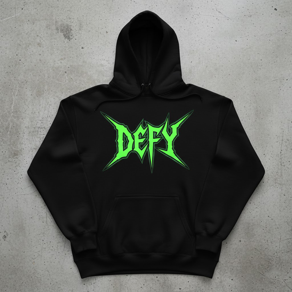 Hoodie DEFY Distro Metal Font Neon Hijau [PREMIUM QUALITY] | Jaket Sweater Pria Oversize Aesthetic