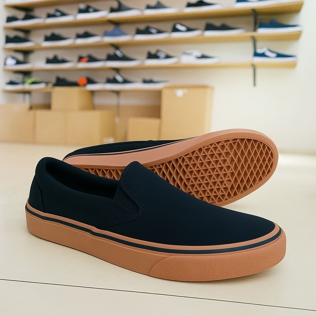 sepatu slip on sneaker pria warna hitam gum