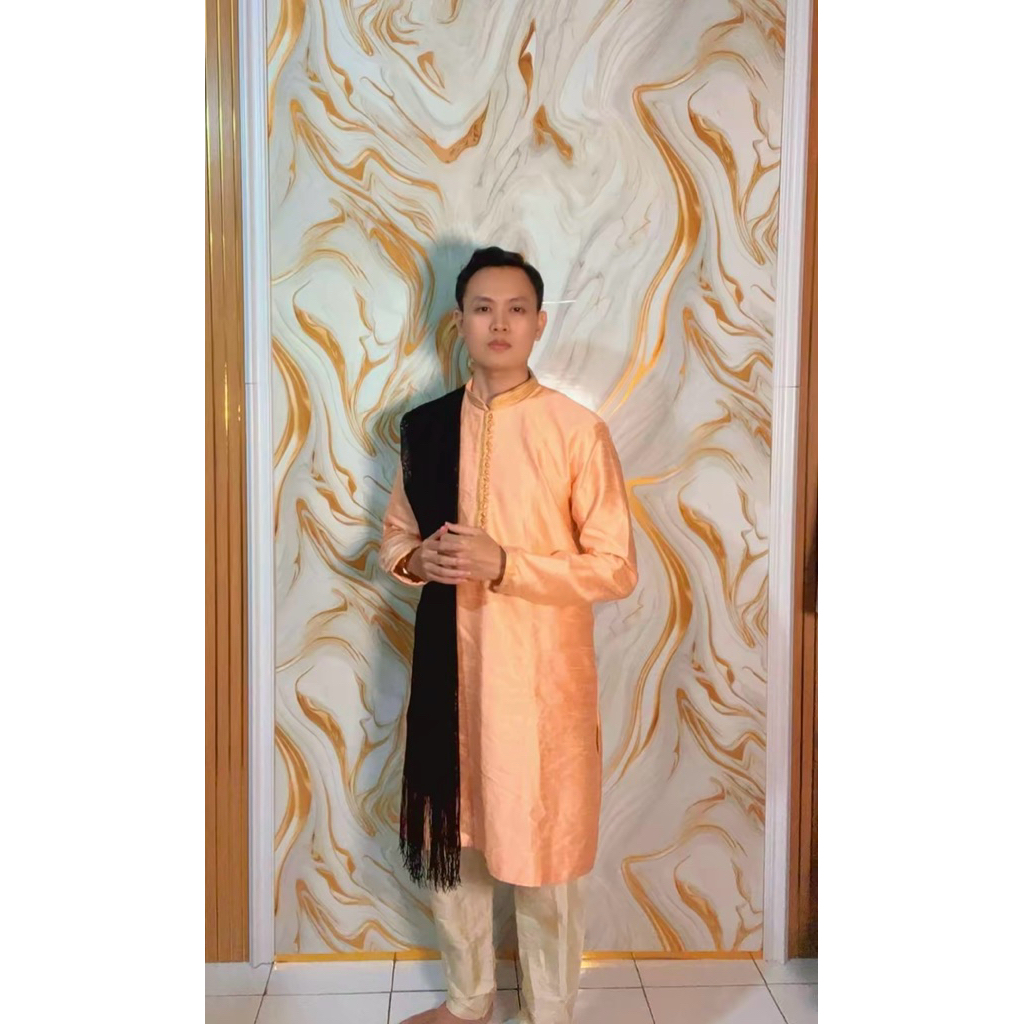 BAJU INDIA PRIA KURTA ONE SET + SELENDANG PEACH MUDA