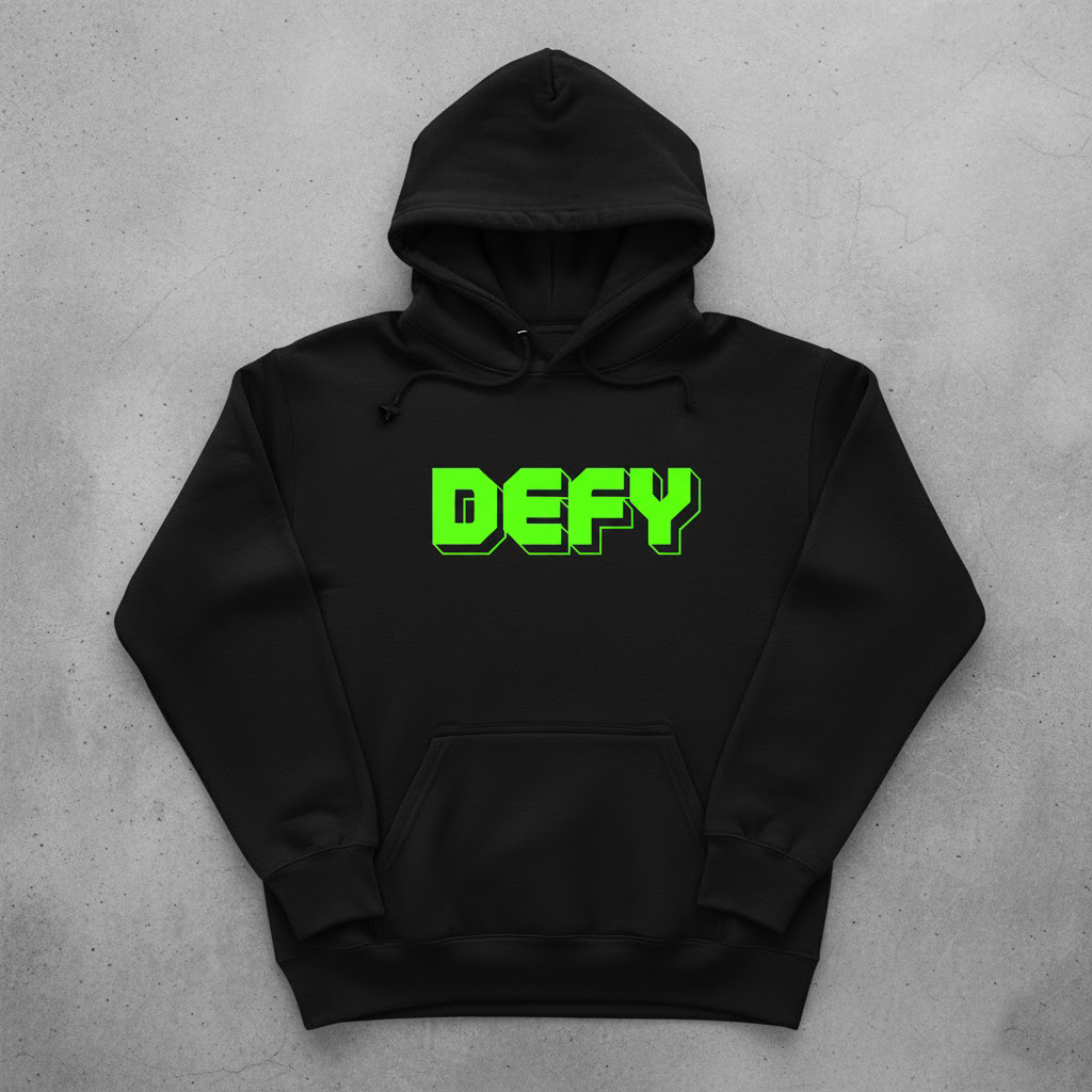 Hoodie Jumper DEFY Neon Green 3D Tebal Premium Black | Jaket Sweater Pria Wanita Kekinian Distro