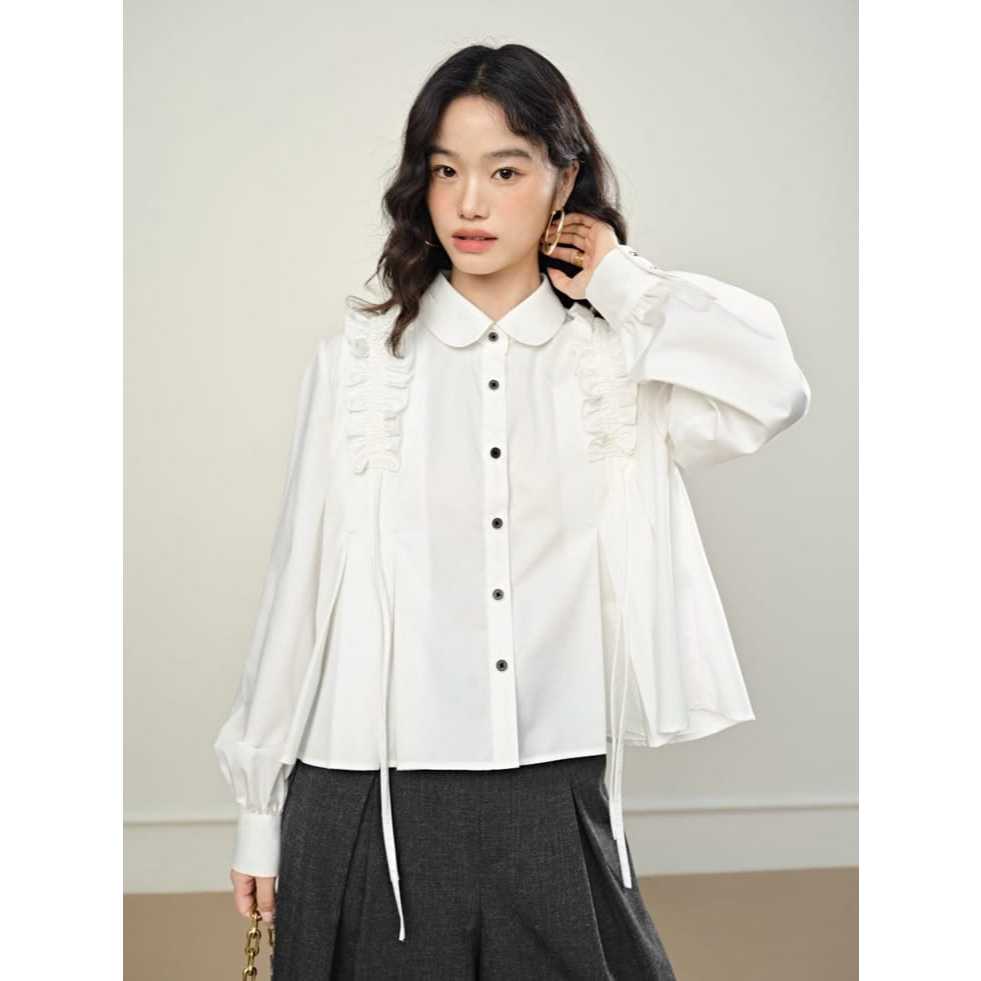 Kemeja putih wanita serut pundak / baju atasan wanita terbaru lengan panjang 2025