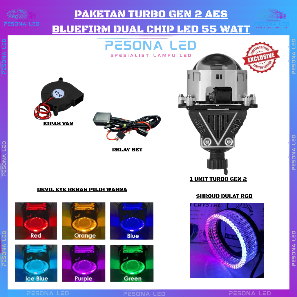 PAKET HEMAT SATUAN Biled Turbo Gen 2AES 3 Inchi Bluefirm Dual Chip Led 55 W Bilaser Turbo GEN 2