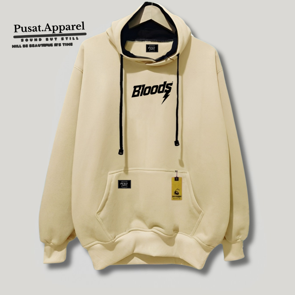 Hoodie Sweater Pria Wanita Distro Warna Cream BLOODS Tulisan Jepang Hodi Murah Jaket Tebal Authentic