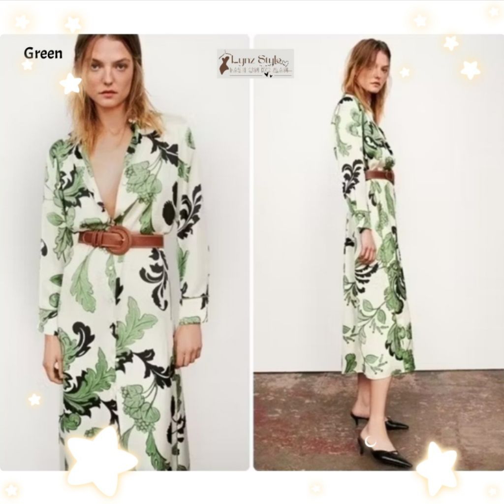 Long Dress Kemeja Wanita Motif Daun Leaf Tropical Lengan Panjang Tunik Green Style Korea Import