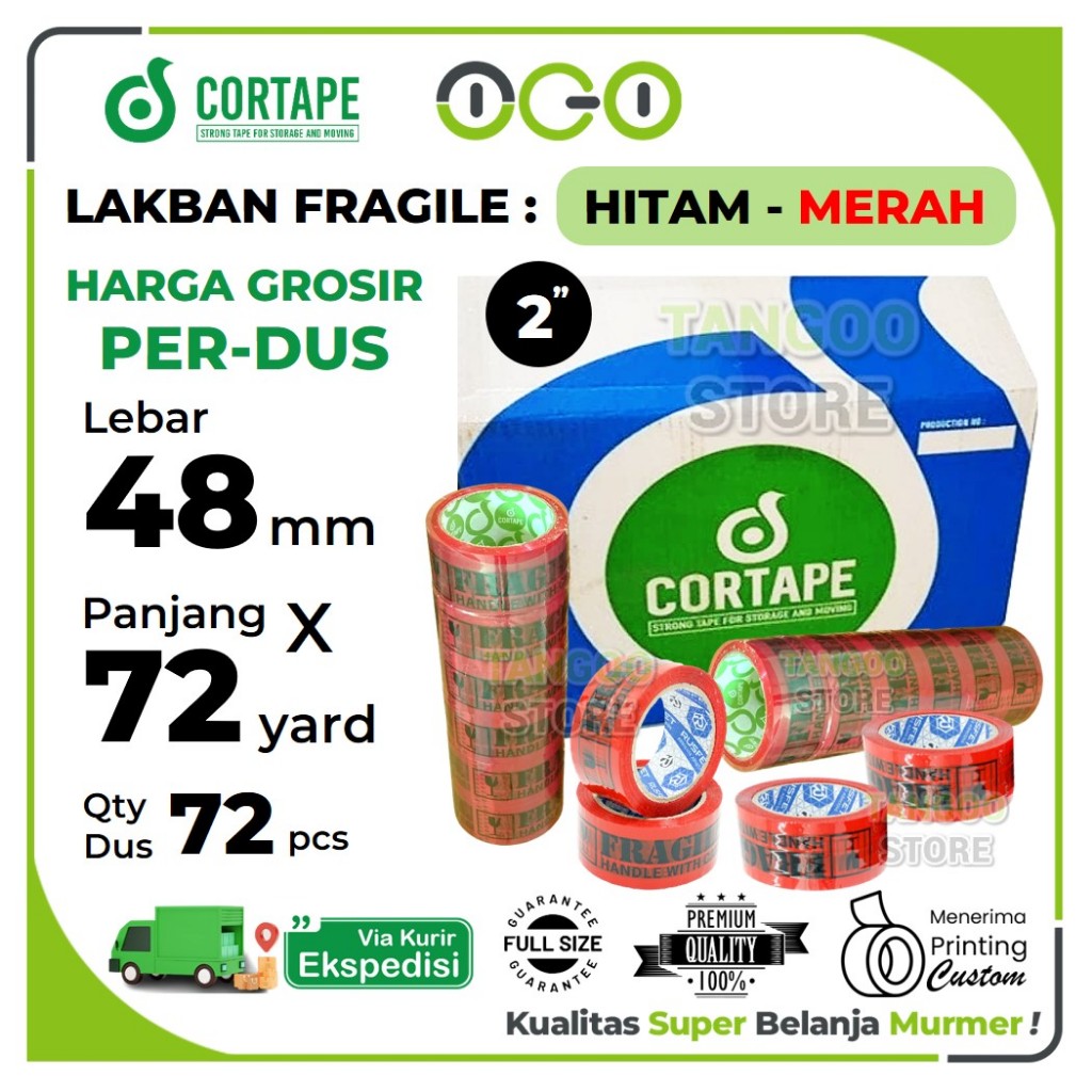 Lakban Selotip Cortape Fragile Unboxing Merah - Hitam 48mm x 72yard (2inch) Harga PerDus 72pcs Kargo