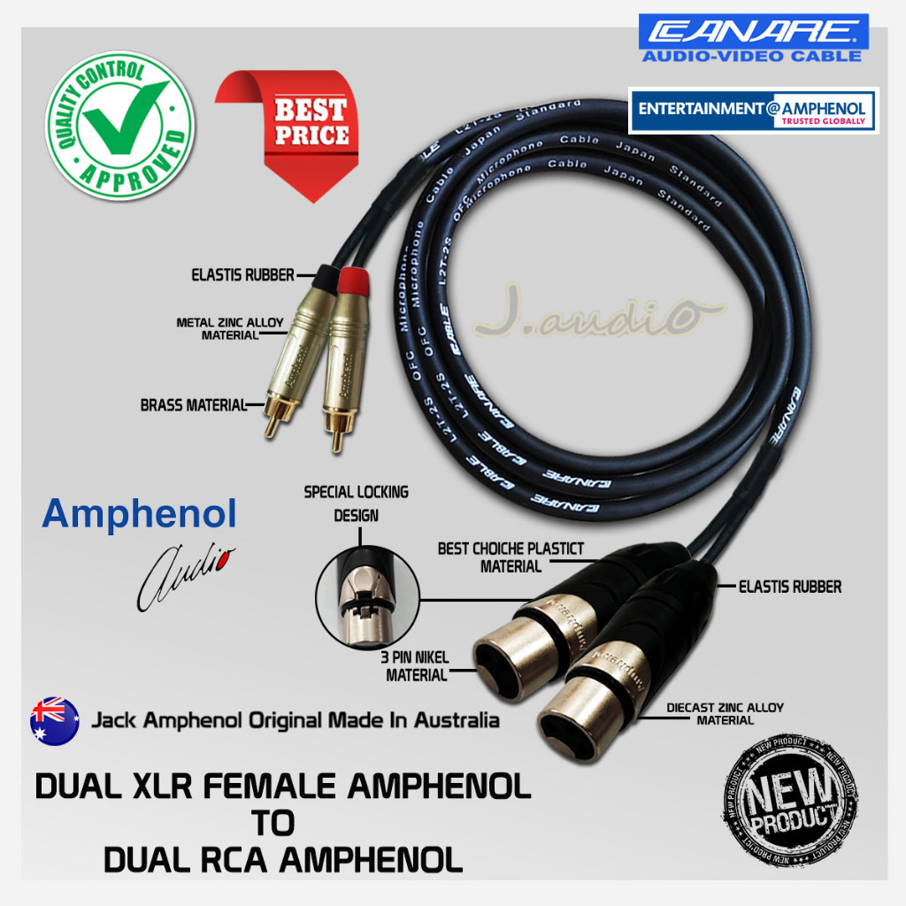 JAPAN STANDARD - Kabel audio / kabel sound terbaik 2x XLR Female AMPHENOL PT-AX3F to 2x RCA AMPHENOL