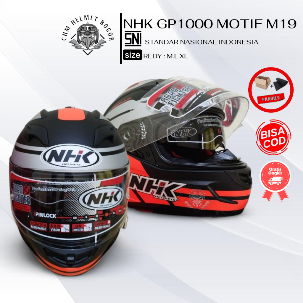 HELM FULL FACE DOUBLE VISOR NHK GP1000 MOTIF M19 BLACK ORANGE DOFF