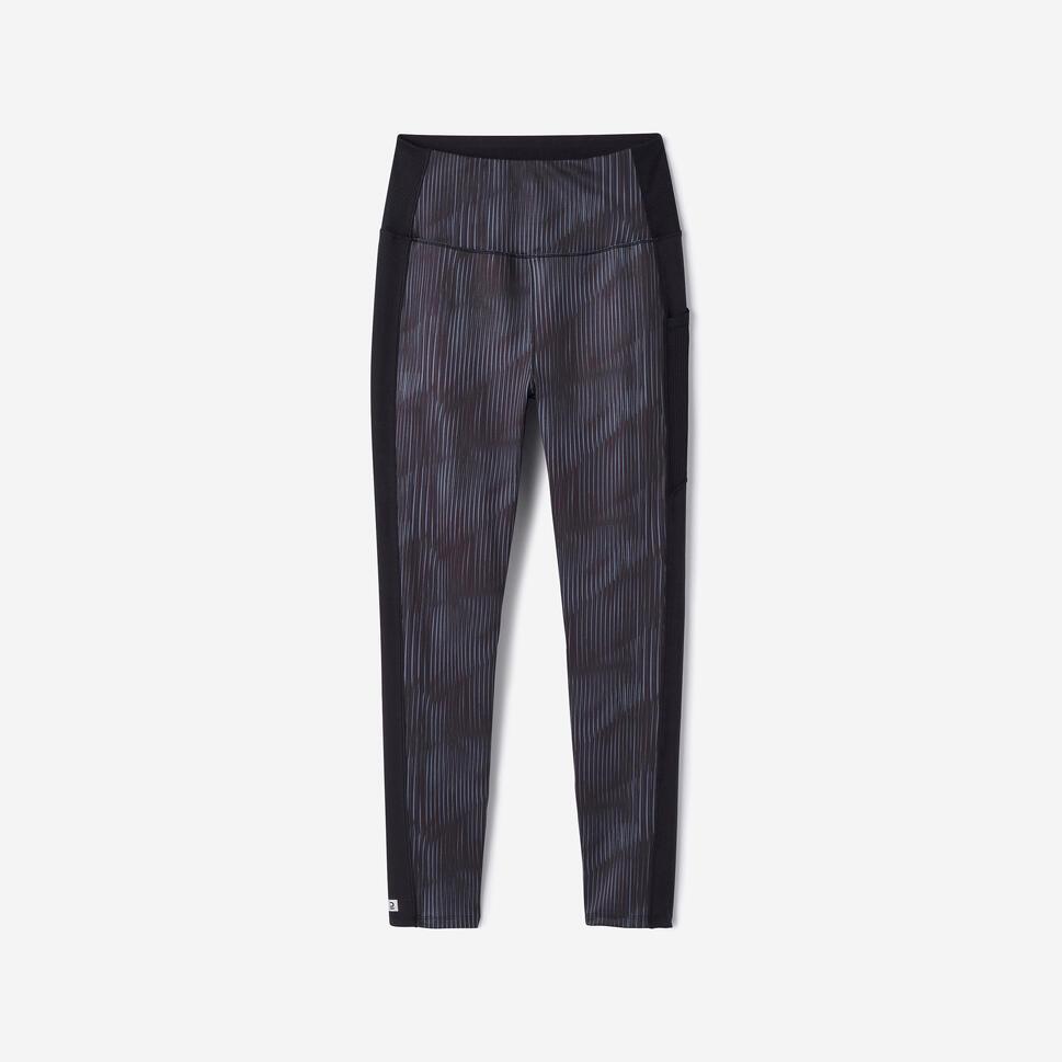 Decathlon DOMYOS Celana Legging Fitness + Saku Wanita Hitam/Abu-Abu - 8841825