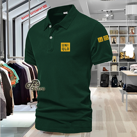 Baju Distro Style Polo Kerah Uniqlo + Lengan Text Gold Kaos Polo T Shirt Denim Premium Quality Atasa