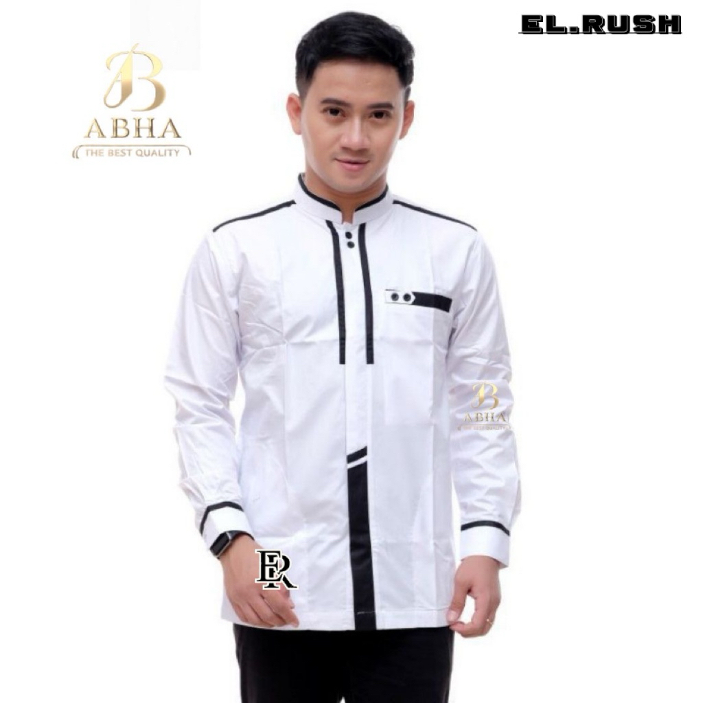 Baju Koko Pria Lengan Panjang Original Hilwa Motif Khatulistiwa Warna Putih Kombinasi Koko Qynang - 