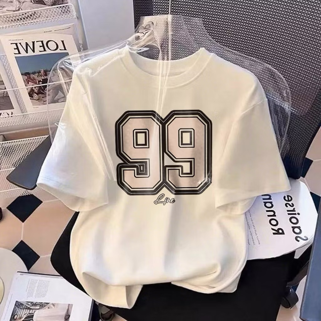 Kaos lengan pendek cetak wanita Korea nomor 99/pakaian wanita gaya modern/atasan coklat modis dan el