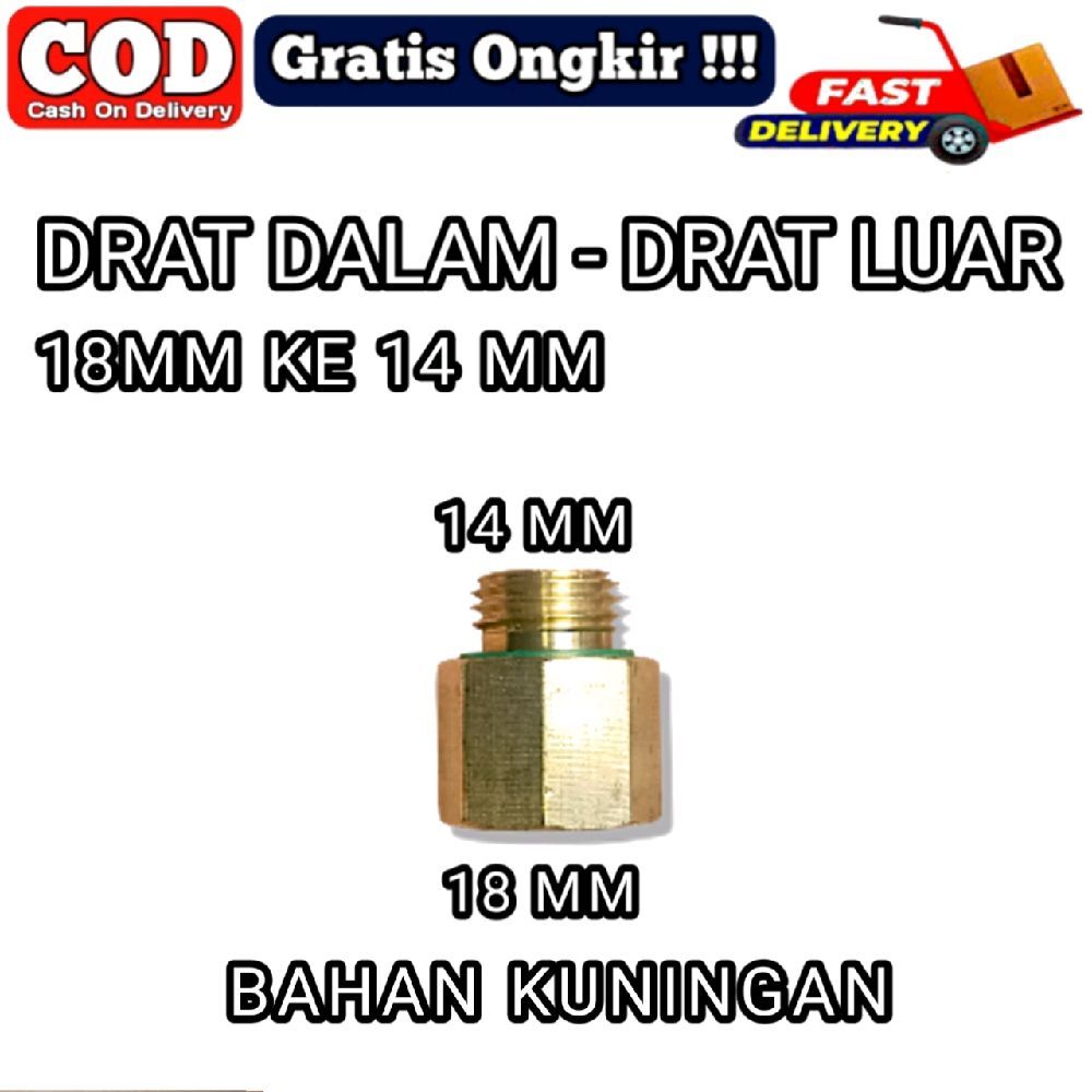 Konektor drat dalam 18mm-drat luar 14mm bahan Kuningan