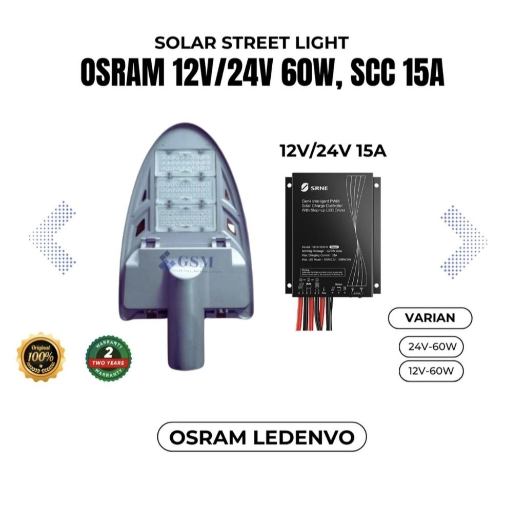 lampu jalan 60w 12V/24V + solar chargecontroller 15A + LED driver pju - 12V 60W