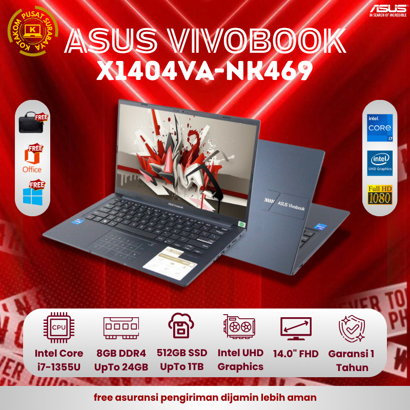 Laptop Tipis, Performa Gahar Asus VivoBook X1404VA-NK469 Intel Core i7 Gen 13 RAM 16GB SSD 1TB Layar