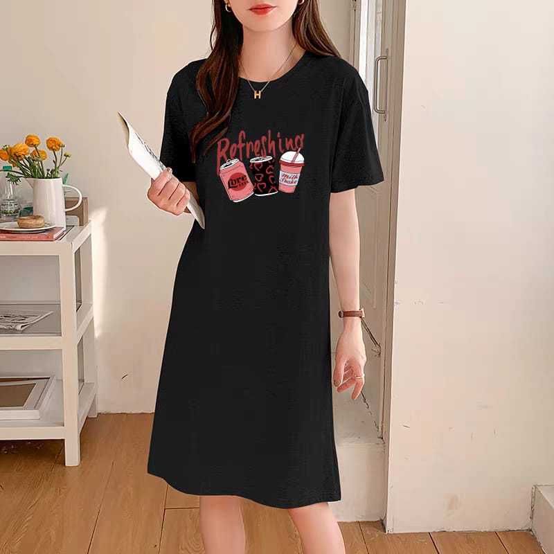 TUNIK Fashion Dres Wanita 2025 Lengan Pendek Bahan Spandek Semi Gamis Swing Dengan Gambar DTF Print 
