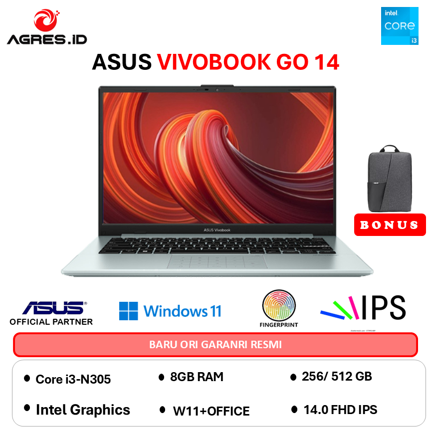 ASUS VIVOBOOK GO 14 E1404GA CORE I3 N305 - RAM 8GB 256GB W11+OHS 14.0FHD - VIPS3822M