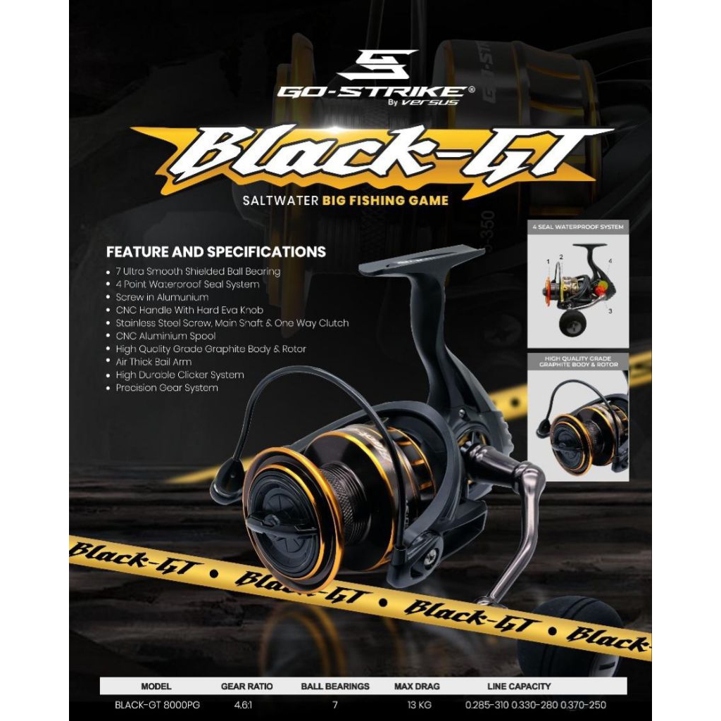 Reel Power Handle Black-GT 8000PG,Go Strike Versus, SW -  7 bb Ultra Smooth Ball Bearing,Ratio. 4:6: