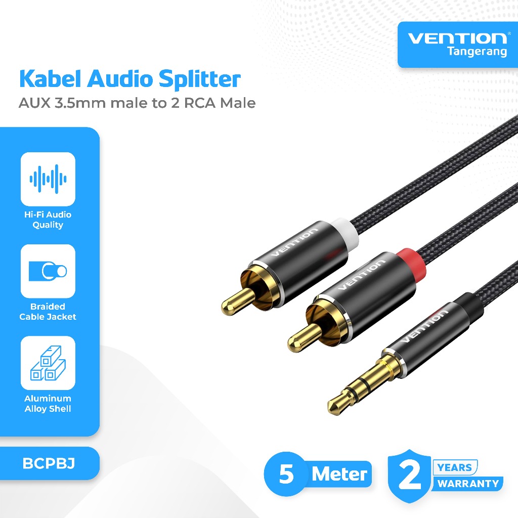 Vention Kabel Audio Splitter AUX 3.5mm male to 2 RCA Male For Speaker Superb Sound Quality Cotton Br