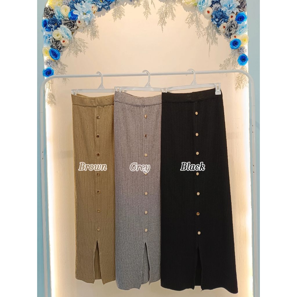 Rok Knit Rajut Wanita | Rok Rajut Panjang Kancing Depan | Rok Belahan Depan Modis Pinggang Karet | B