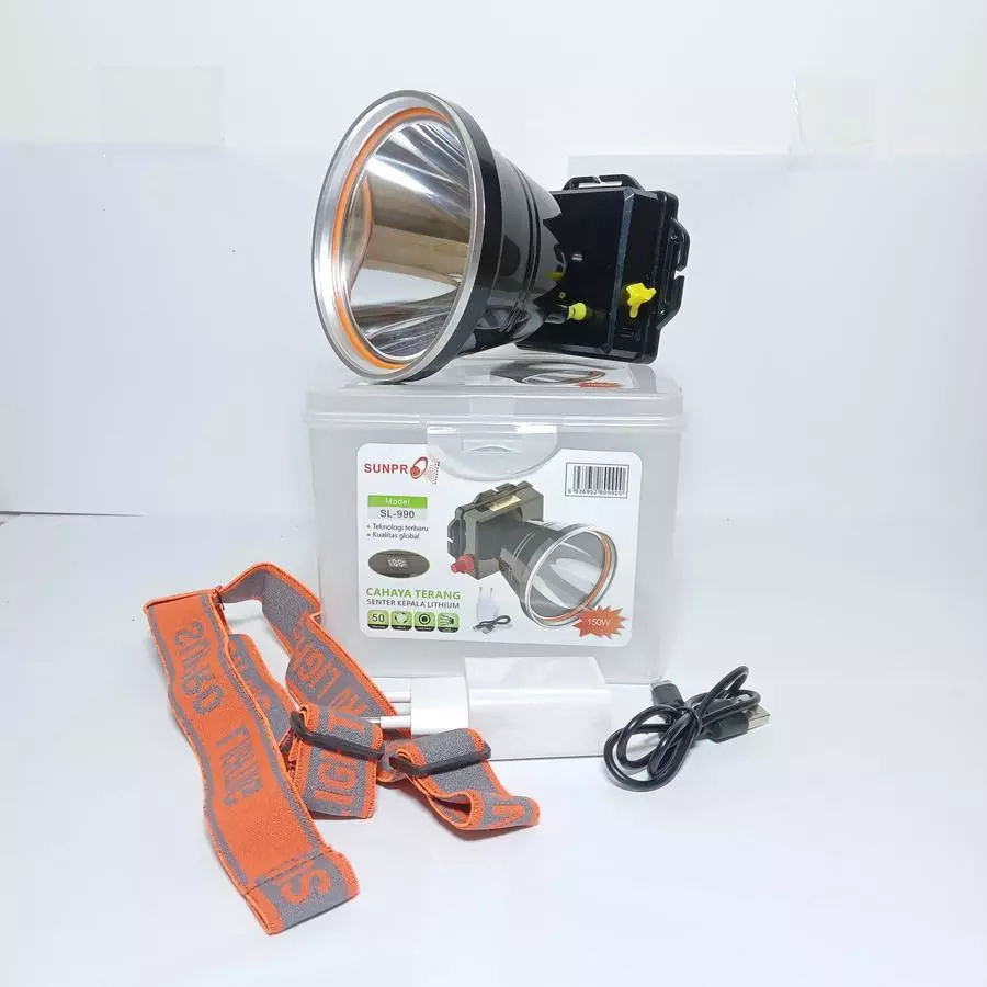 TERBAIK Senter Kepala SUNPRO SL-990 -150 Watt LED Super Tahan Lama 50 Jam Battery 7.800mAh