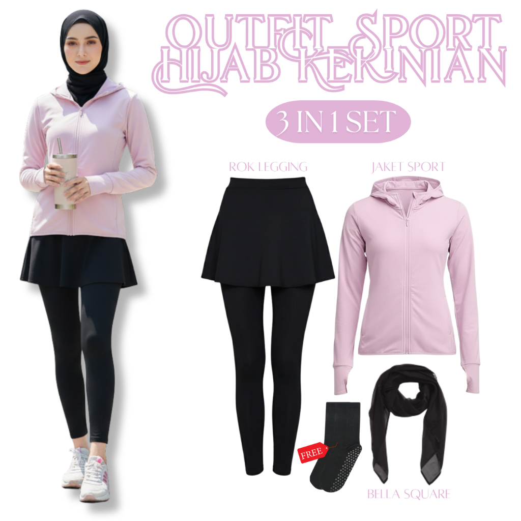 Outfit Olahraga Wanita Hijab Kekinian | Jacket Sport + Rok Legging + Hijab Bella Square | LU 149