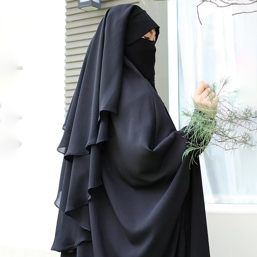 Aqueenah - Cadar Yaman 2 Layer Sifon Silk Jetblack Purdah Ameera Niqab Poni Safar Premium