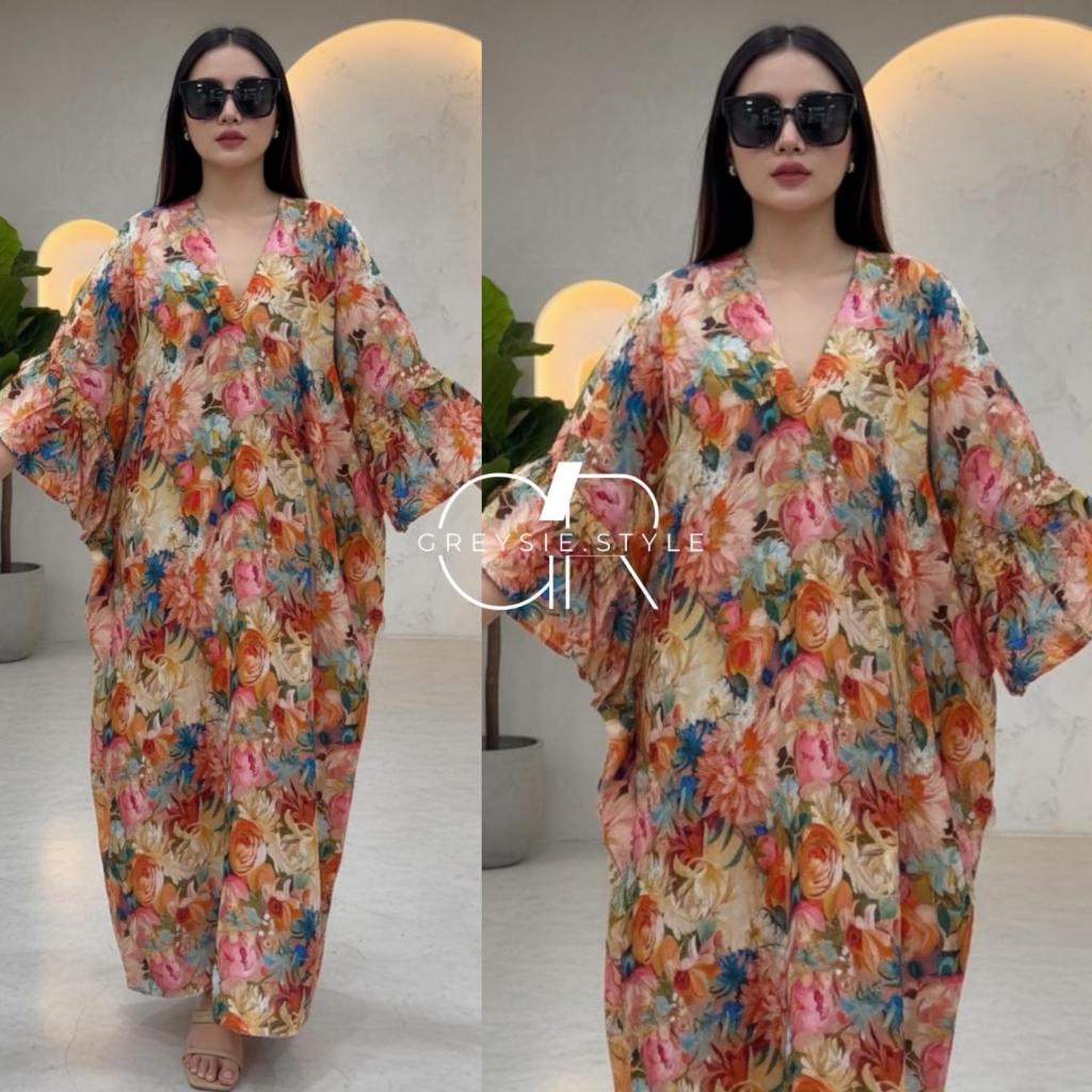 Daster Terbaru Motif Rayon Premium Lengan Lonceng Dress V Neck Resleting Busui 2025