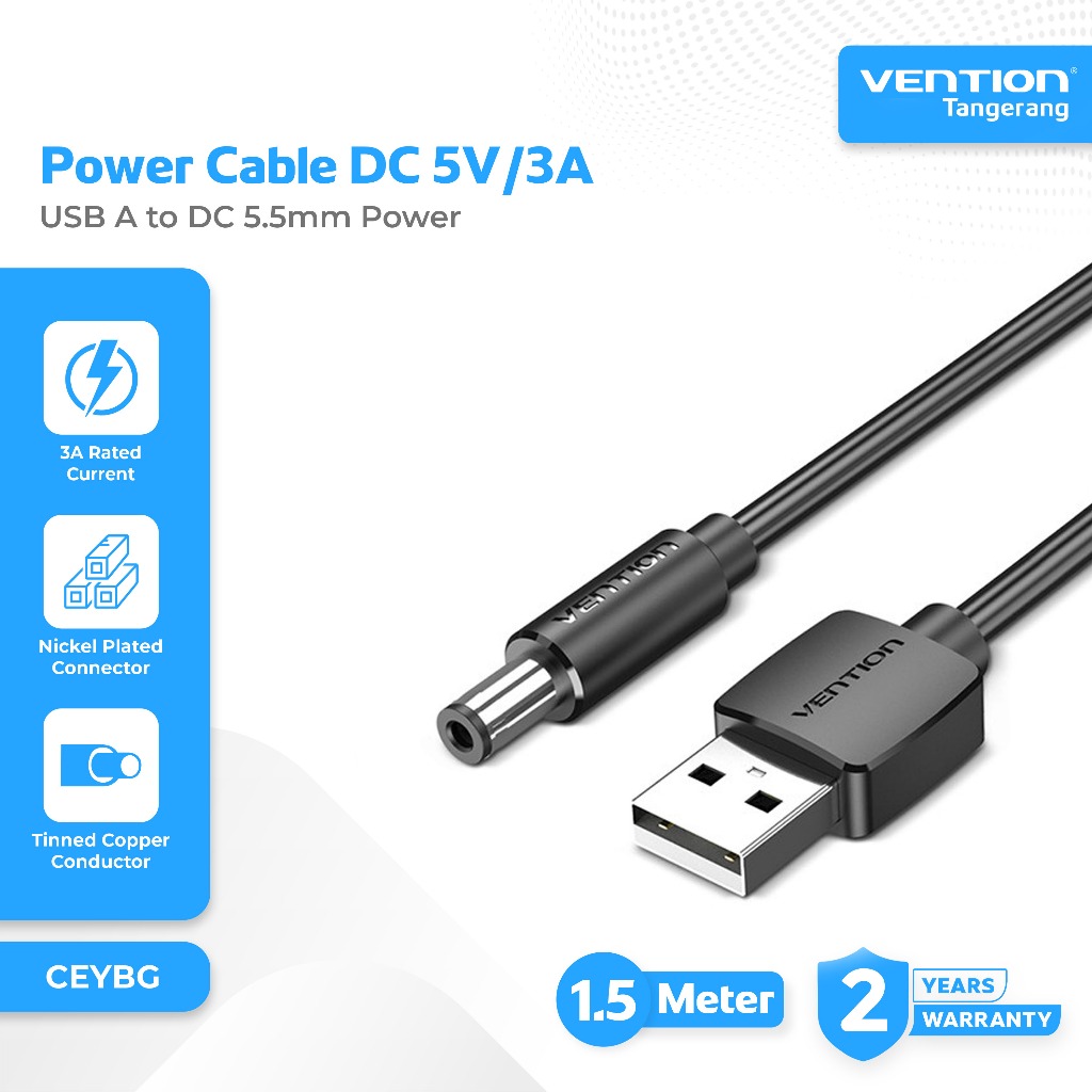Vention Kabel Power USB A to DC 5.5mm Power DC Power Cord Power Cable Tuning Fork Type 1,5 M 1,5 Met