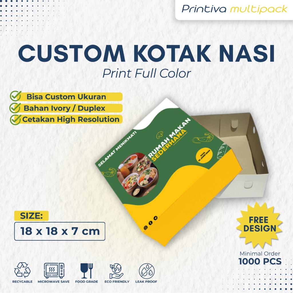 Cetak Custom Dus / Kotak Nasi uk. 18 x 18 x 7 cm (pisah) Full Color