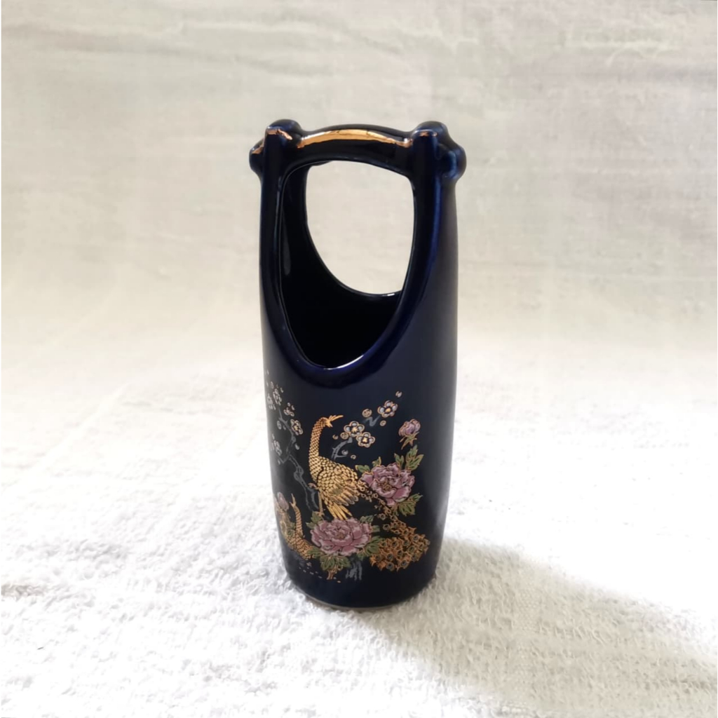 Vintage Kutani Cobalt Blue Peacock and Floral Motif Satsuma-style Japan Vase / Vas Kutani Biru Jepan