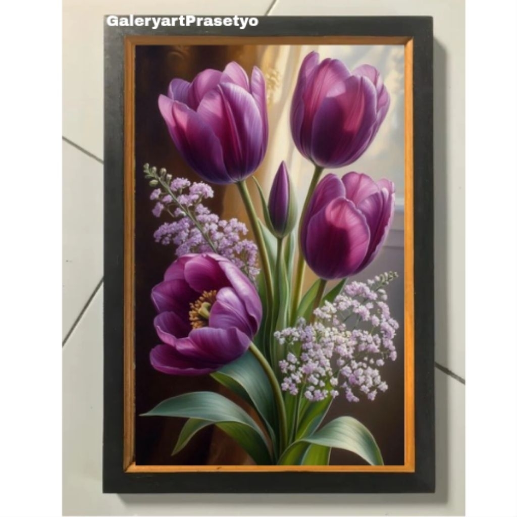 Hiasan Dinding Plus Bingkai Uk:35cm x 53cm Lukisan Cetak Bunga Tulip Ungu