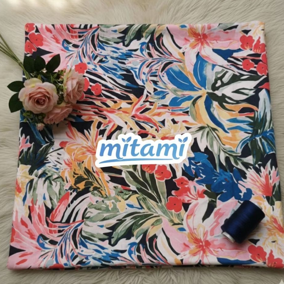 KAIN RAYON VISCOSE PREMIUM Motif Bunga Daisy Kecil Hitam | Bahan Daster Piyama Adem Jatuh (Harga Kai