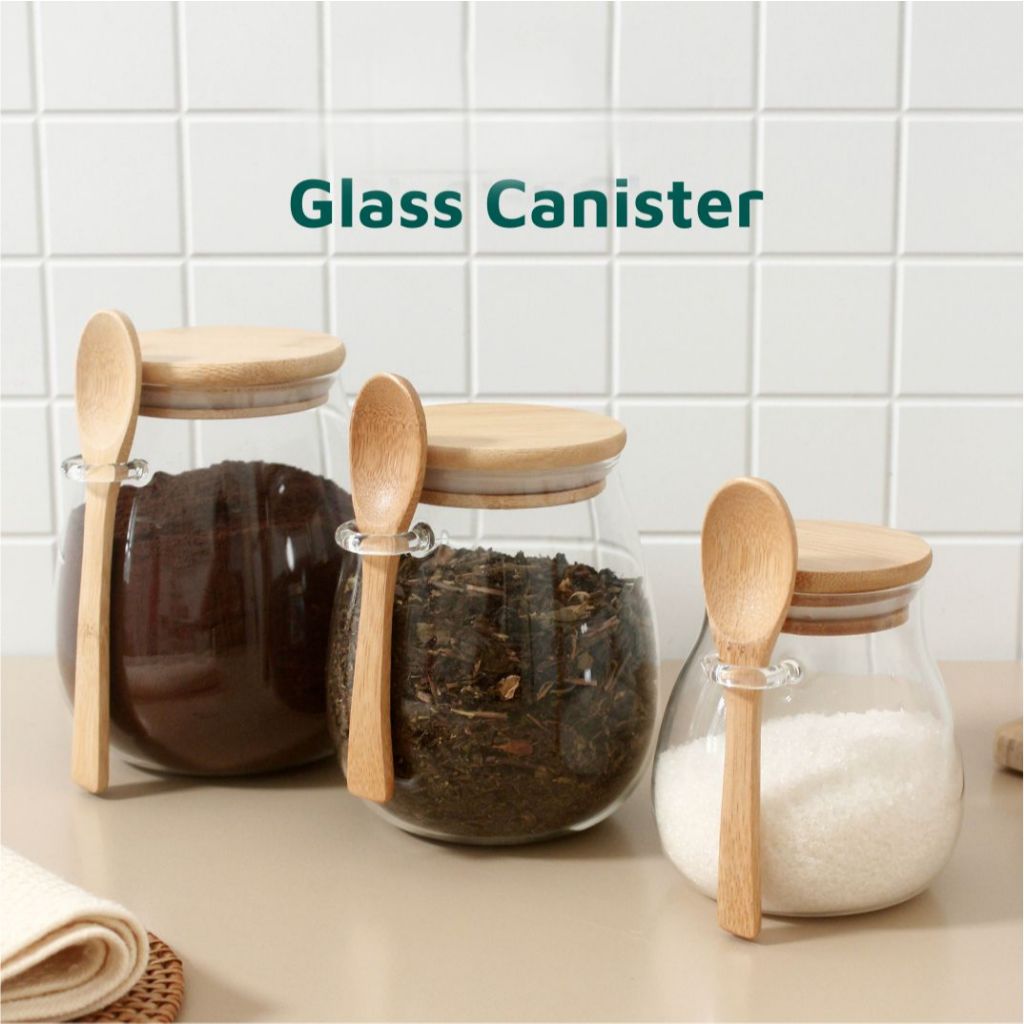 Toples Kaca Kopi Bumbu Tutup Kayu Kedap Udara dengan Sendok