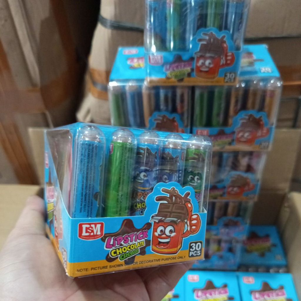 PERMEN CANDY LIPSTICK CHOCOLATE CREAM 1 BOX 30 PCS