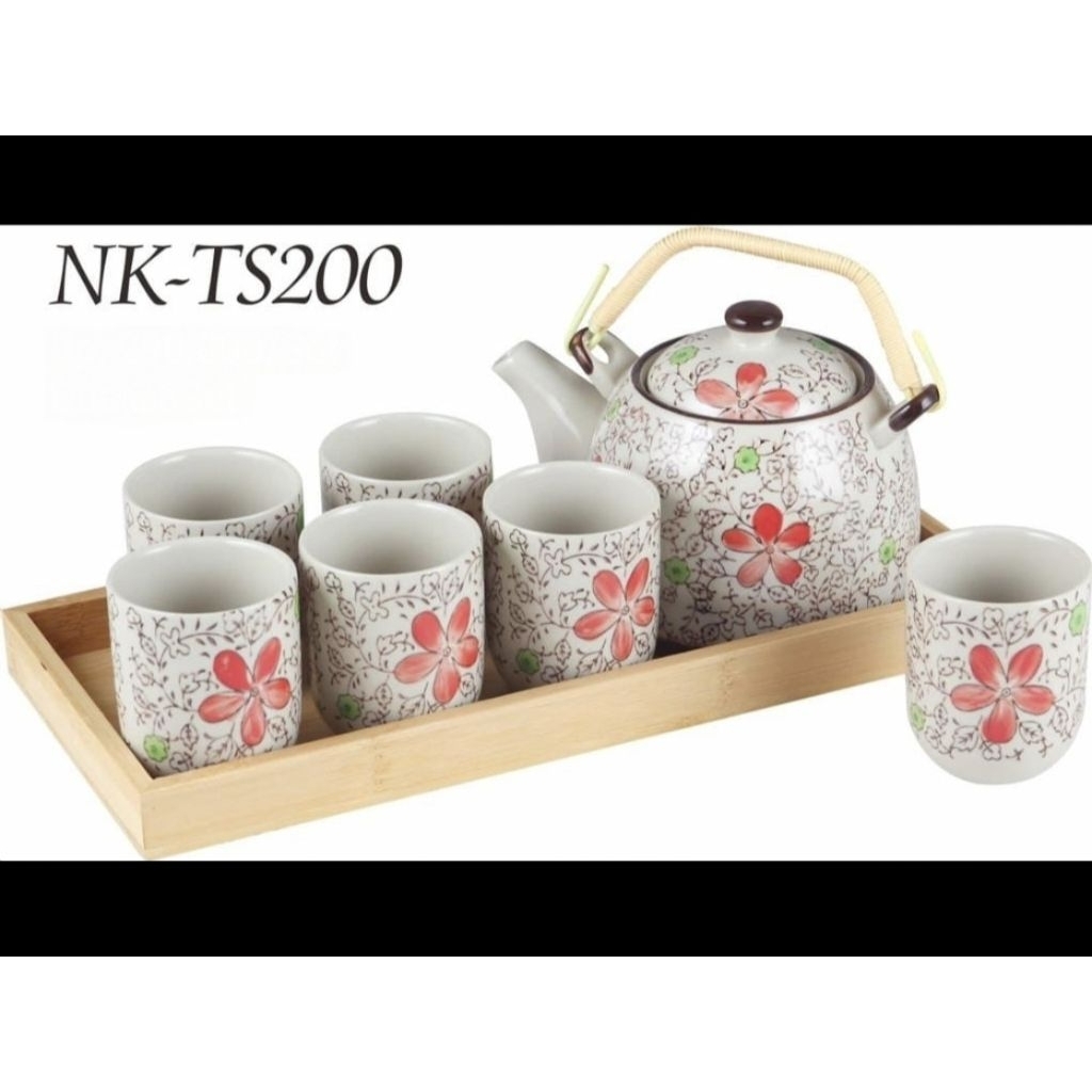 NAKAMI Tea Set Jepang 9pc NK TS080A TS200 dengan nampan kayu  Motif Rose Pink Bunga Sakura Perlemgka