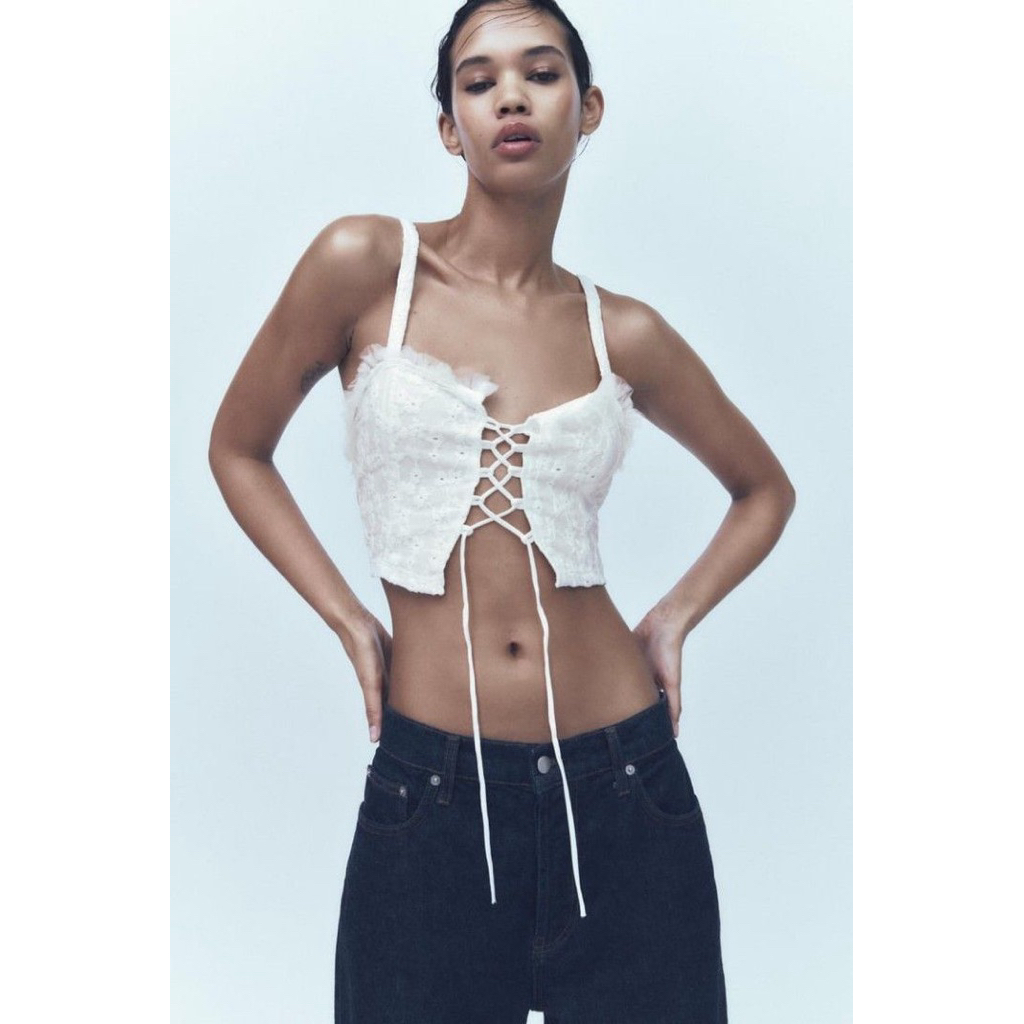 Zara White Tied Cropped Tank Zara Crop Eyelet Tulle Lace Tanktop corset camisole Embroidery cami sum
