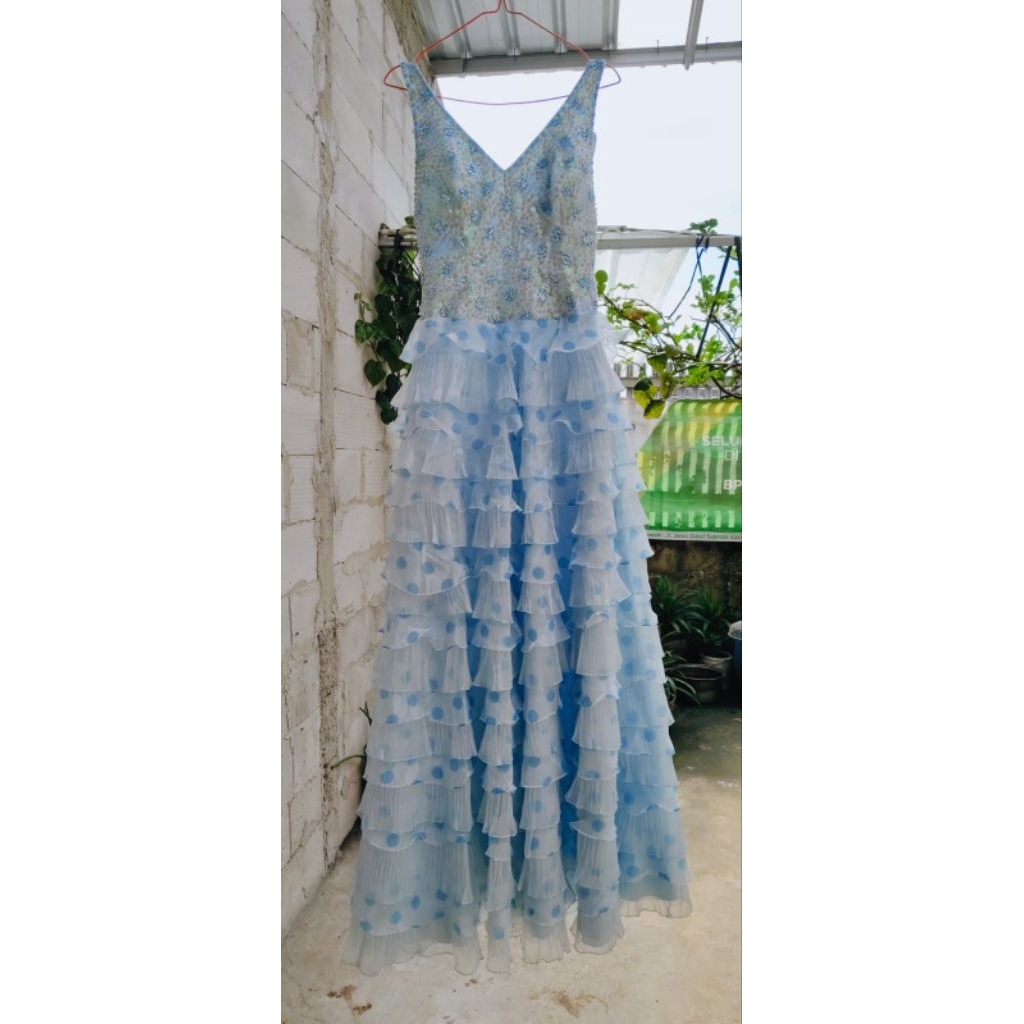 Dress/Gaun Pesta Fairy Umpak Baby Blue Mix Polka (Ld 80-90)- Prom - Party - Brithday/Ultah - Penyayi